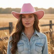 Women Men Wide Brim Fedora Hat  Pearl Chain Wool Hat Felt Jazz Cap For Party - Hồng - Xem 4