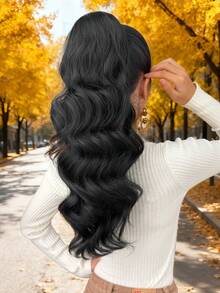 Ponytail Extension Hair Drawstring Clip In Hair Extensions Black 24 Inch Long Natural Wave Heat Resistant Fiber Synthetic Ponytail Hairpiece For Women Daily Used - Black - View 3