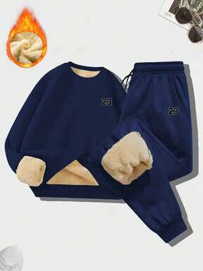 طقم بنطلون وبلوزة كاجوال للرجال ذات لون أحادي مبطنة بالشيربا ذات أكمام طويلة مطبوعة، للشتاء