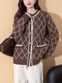 Alicedudu Dam Retro Casual Diamantmönster Lösstickad Kofta, Höst/Vinter - kaffe - Visa 5
