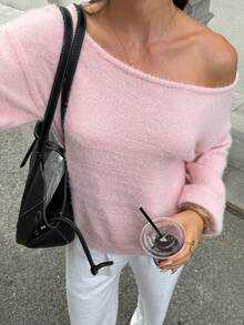 SEREN Autumn/Winter New Valentine's Day Pink Sweater, Women Loose Sexy Off-Shoulder Knit Top, Suitable For Dates And Holidays - Pink - View 2