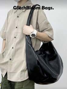 复古ins风休闲手提包，大容量单肩包，配有不可调节肩带，褶皱皮革斜挎包，男士通勤、旅行、上学、大学等场合的个性化斜挎包 - 黑色 - 查看 7