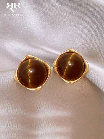 1对简约精致秋冬复古港式几何方形树脂镶嵌独特个性化高端女士派对时尚耳环