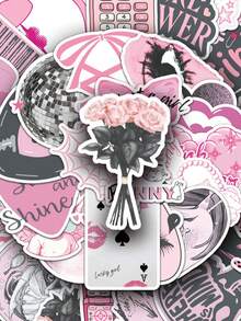 50张粉色幸运主题复古水彩贴纸套装，时尚INS风贴纸，剪贴簿贴纸，防水乙烯基贴纸，散装，适用于水瓶、滑板、行李箱、笔记本电脑、保险杠、主题派对用品 - C - 查看 3