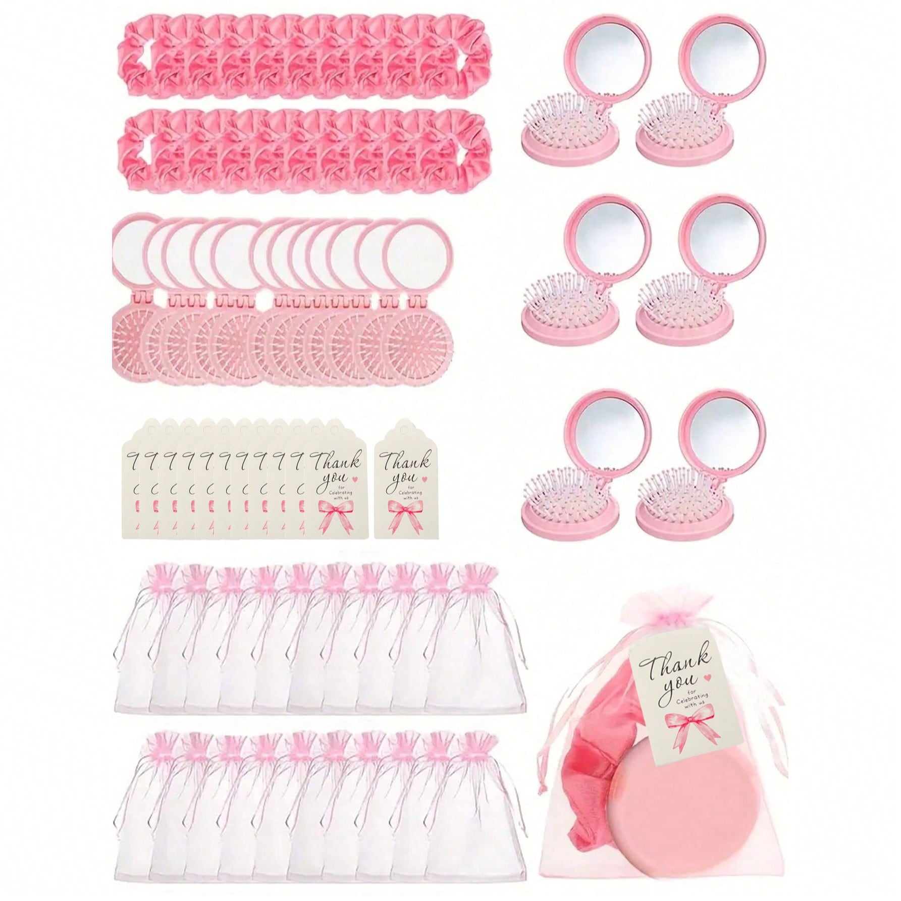 1/2/3/4/5/8/10/12pcs Valentine's Day Party Holiday Gathering Wedding Gift Set - Compact Folding Mirror Comb 2-In-1, Satin Hair Scrunchies, Organza Gift Bags And Bow Cards Set, Suitable For Travel, Sleeping, Party Overnight Use