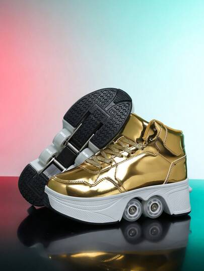 1 Pair Men's Gold PU Lace-Up Design Thick Sole 4-Wheel Roller Skate Shoes, Versatile Skateboard Shoes Suitable For Outdoor, Retractable Two-In-One
