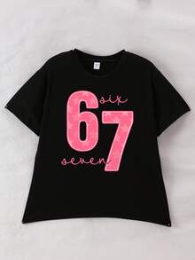 Tween Girl Numeric Print Casual Loose Fit Short Sleeve Round Neck T-Shirt - Suitable For Spring/Summer School And Outdoor Wear - Black - View 2