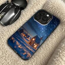 Funda de Teléfono Diseño de Escena Nocturna de Cabaña Azul de Invierno para iPhone 14 15 Pro Max y  Galaxy S23 S24 Series, Regalo Ideal para Todas las Estaciones - Negro - Ver 5
