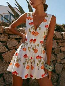 Women's Floral Print Bohemian Elegant Casual Vacation Fitted Wide Leg Jumpsuit, Summer - Multicolor - View 8