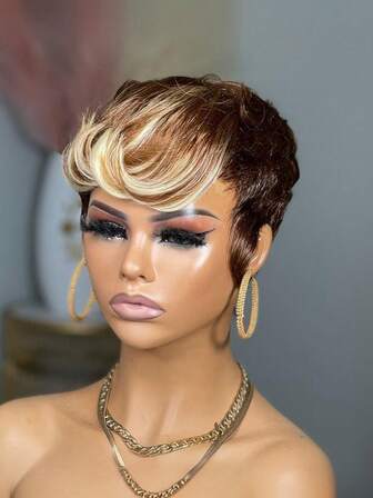 精灵短假发，真人发丝分层设计，4/613色可选，真人发丝短假发，女士无蕾丝前额全机织精灵短假发，适合，无需胶水，适合万圣节装扮、情人节、日常佩戴。