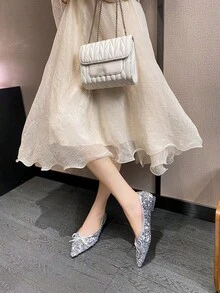 zuandashu 0.5码可爱优雅银色亮片平底芭蕾舞鞋，尖头蝴蝶结套脚休闲乐福鞋，舒适工作鞋，适合34-43码女性，春、夏、秋季百搭 - 銀色 - 查看 9