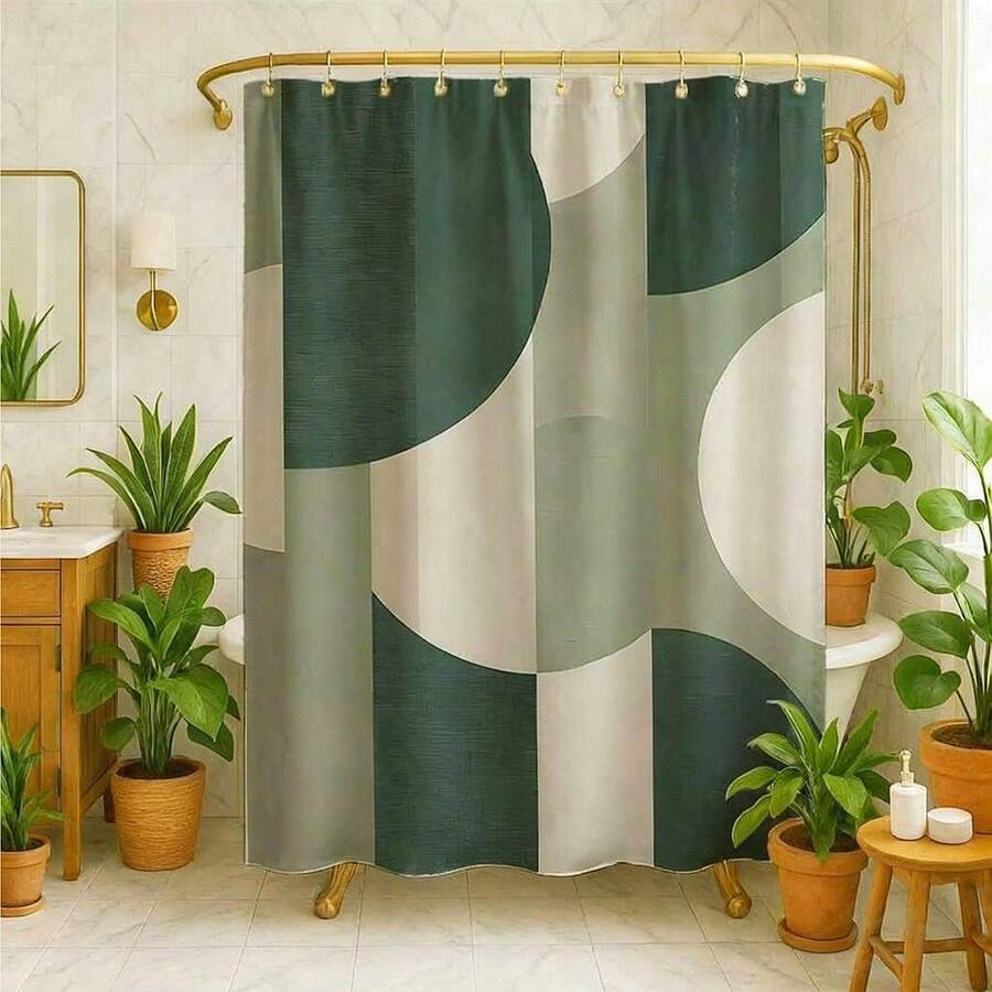 1/4pcs Set Green Abstract Geometric Pattern Bathroom Curtain Set, Includes Bath Mat, U-Shaped Toilet Seat Cover, Toilet Seat Cover, Waterproof Shower Curtain, Fashionable Door Curtain, Window Curtain, Sunshade Curtain, Modern Bathroom Divider Curtain