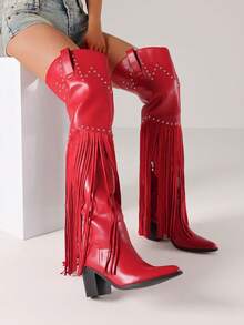 Women's Fringe Pointed Toe Thigh High Western Cowboy Boots Fashion Rivet Chunky High Heels Side Zipper Vintage Over The Knee Cowgril Boots For Woman - 紅色 - 查看 3