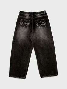 男士复古水洗黑色牛仔裤，新款高街喇叭裤型宽松休闲裤 - 黑色 - 查看 4