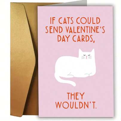 1ชิ้น การ์ดวันวาเลนไทน์ธีมแมวตลก, มีสโลแกนตลกขบขันย้อนกลับ "ถ้าแมวสามารถส่งการ์ดวันวาเลนไทน์ได้ พวกเขาจะไม่ส่ง" พร้อมพื้นหลังสีชมพูและภาพประกอบแมวขาวขี้เกียจ, เหมาะสำหรับภรรยา, สามี, แฟนหนุ่ม, แฟนสาวที่รักแมว, การ์ดสารภาพรักวันวาเลนไทน์สร้างสรรค์พร้อมคุณภาพบรรจุภัณฑ์ของขวัญ, สื่อถึงความรักที่ไม่เหมือนใครผ่านอารมณ์ขันหยิ่งยโสแบบแมว