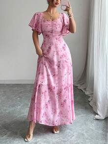 Women's Elegant Floral Print Short-Sleeve Dress - 2026 Spring & Summer New Style, Featuring A Stylish Square Neck, Ruffled Sleeves, And A Ruched High Waist Design, Slim-Fitting & Figure-Flattering, A Long Dress Suitable For Occasions Like Dates, Vacations, Spring Outings, And Back-To-School Season - Hồng - Xem 5