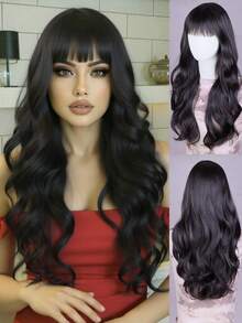 棕色假发，带刘海，长款波浪卷曲合成耐热纤维假发，适合日常派对佩戴（26英寸） - 彩色 - 查看 8