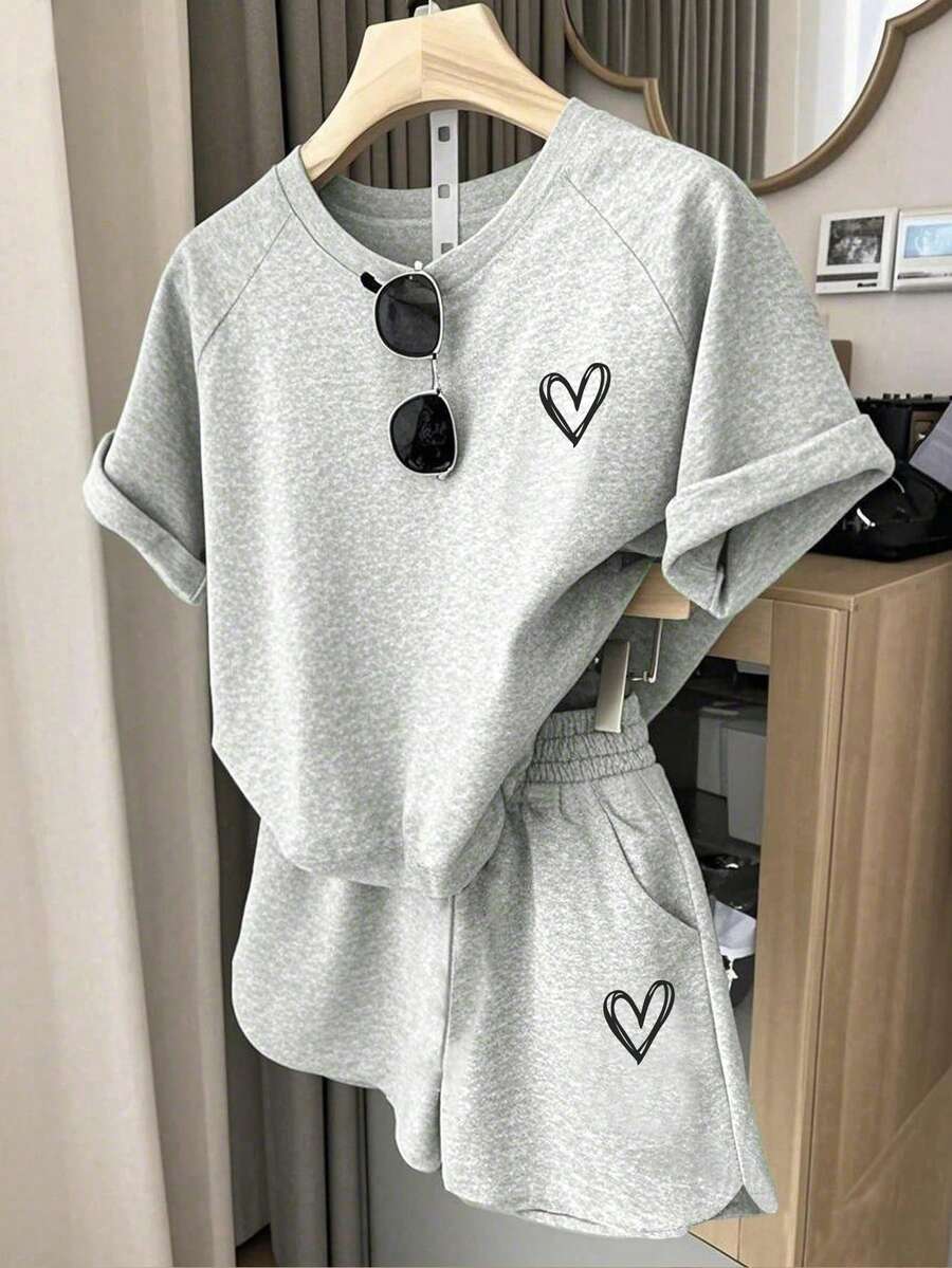 少女卡通印花圆领短袖T恤和短裤套装 - 灰色 - 查看 1