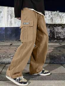 بنطلون كارجو مستقيم الساق للأولاد المراهقين، ديكور بشريط فيلكرو وجيب، للرياضة والخارج، موسم الربيع/الخريف، قطعة واحدة - كاكي - مشاهدة 4