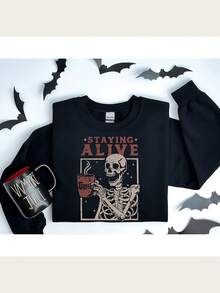 Staying Alive Skeleton Sweatshirt Halloween Coffee Lover Gift - Black - View 1