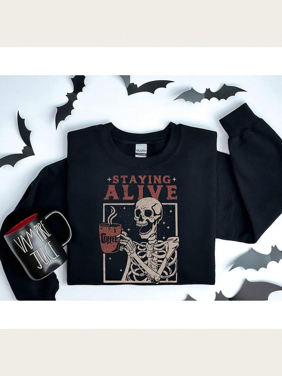 Staying Alive Skeleton Sweatshirt Halloween Coffee Lover Gift - Black - View 1