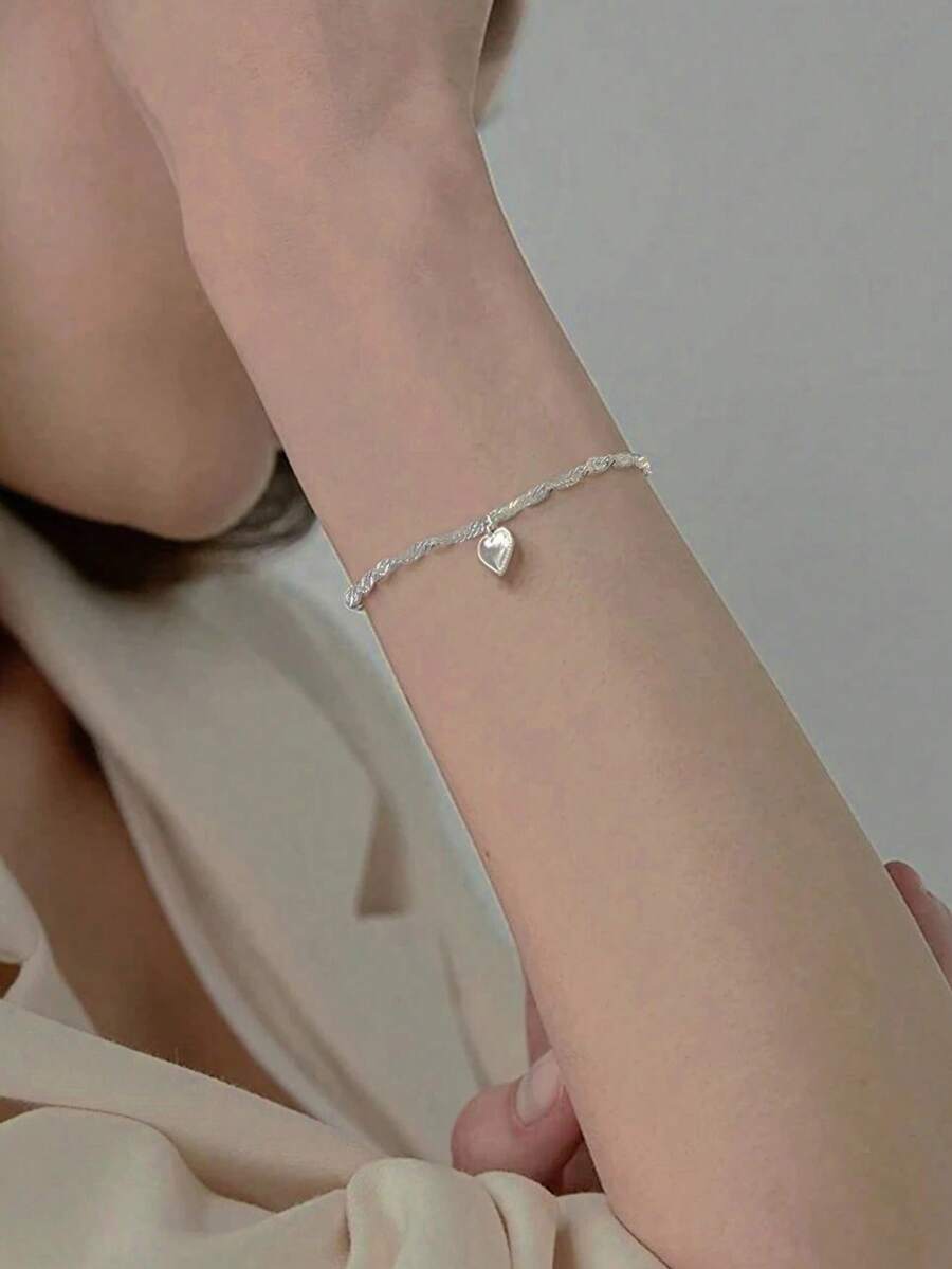 1件精致不锈钢水波纹心形设计手链，适合女性日常佩戴，情人节礼物 - 愛心水波手鍊 - 查看 1