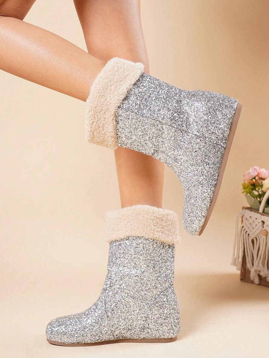 2026 Winter New Sequin Lining Snow Boots For Women, Mid-Calf, Thick Sole, Versatile - Silver - View 1