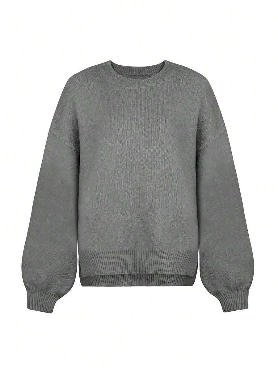 Women's Solid Color Loose Fit Long Sleeve Pullover Sweater - Grey - View 1