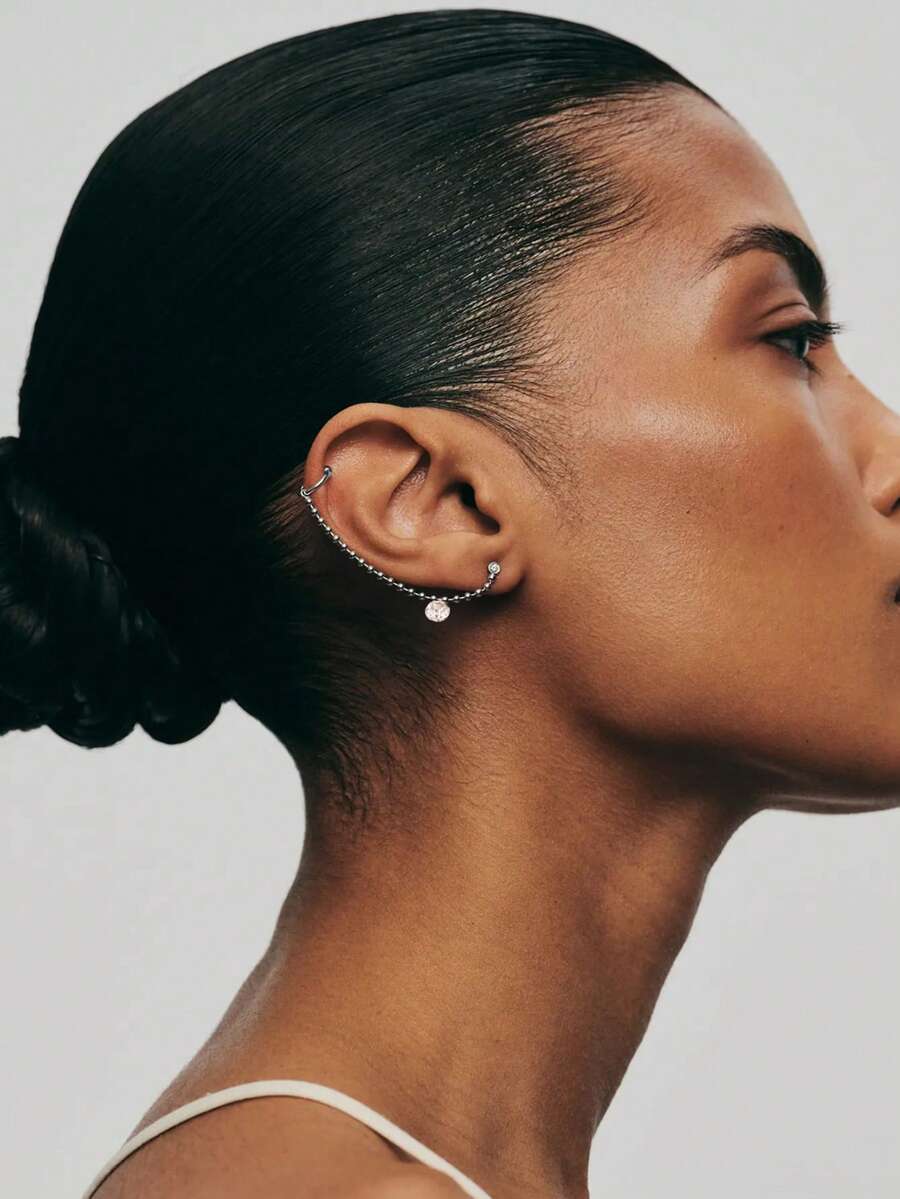 2pcs Minimalist Double Hoop Rhinestone Chain Dangle Earrings, Fashion Accessory - Jhumka - View 1