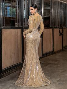 LUVISTRUE Women Romantic Glamorous Long Sleeve Mermaid Formal Evening Gowns Slit Wedding Guest Prom Homecoming Cocktail Party Graduation Gala Maxi Dresses - Champagne - View 3