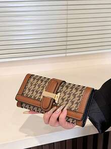 Brown Houndstooth Long Wallet With Flap Classic Retro Tri-Fold Wallet Fashion Clutch Wallet With Card Slots Anti-Theft Credit Card Holder Large Capacity Handbag For Women Wallet Purse Wallet Money Wallet - Brown - View 6