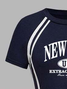 少女数字印花不对称肩部短袖上衣和裤子套装 - 寶藍色 - 查看 4