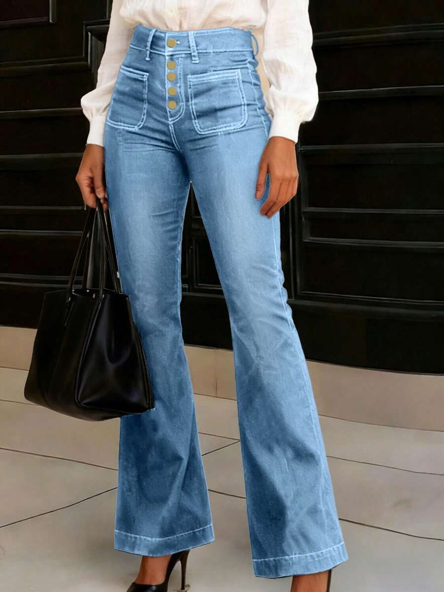 Quần Jeans Ống Loe Túi Ôm Eo Vừa Phong Cách Châu Âu Và Mỹ Mới Cho Nữ - Rửa nhẹ - Xem 1