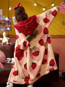 Strawberry Print Hooded Casual Robe, Christmas Gift Long Sleeve Warm Wool Thick Button Casual Loungewear With Pockets, Women Pajama Set, Essential For Winter - Multicolor - View 9