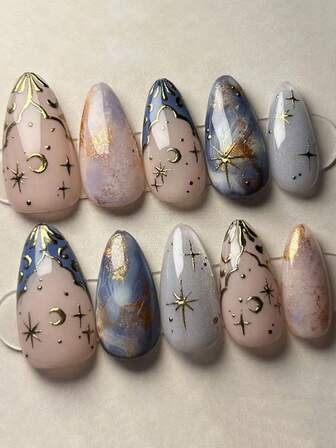 24pcs Imported 3D Star & Moon Tie Dye Wavy French Glitter Cat Eye Nail Stickers, Suitable For Party, Ball Or Daily Wear