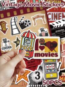 50 Peças Adesivos de Filme Vintage com Designs Artísticos e Criativos Apresentando Motivos de Pipoca, Projetor e Estrela, Perfeitos para Álbuns de Recortes, Skates, Guitarras, Manuais, Garrafas de Água, Laptops, Malas de Festa, Decorações de Presente e Muito Mais - Adesivos de Artes e Artesanato - Multicolorido - Visão 6