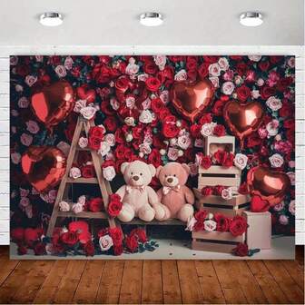 1 pieza Tela de fondo con diseño romántico de rosas, con pared de rosas, globos de amor, un par de osos de peluche, escalera de madera, adecuado para decoración de vacaciones - Decoración del Día de San Valentín, fondos de fotografía, patio, jardín, decoración de sala de estar, decoración de despedida de soltera