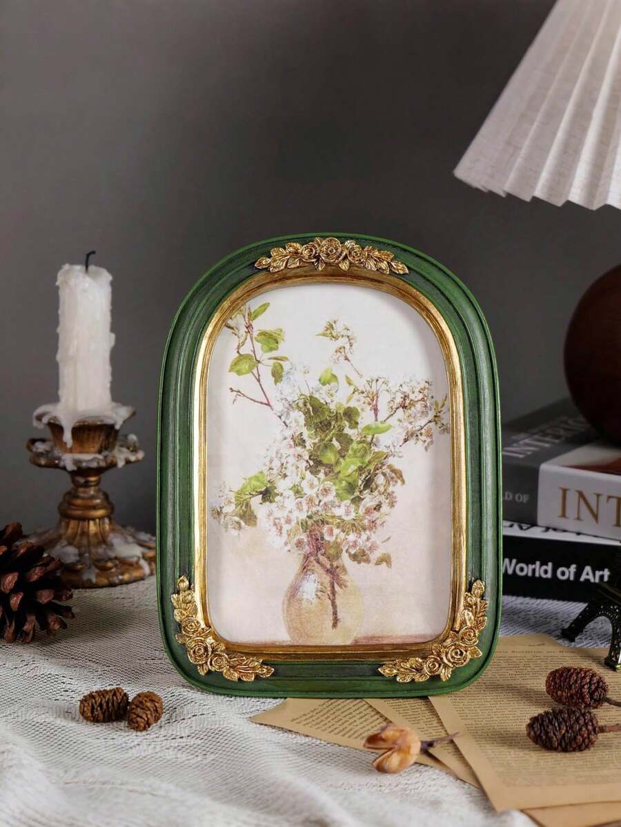 1 pezzo Cornice portafoto in resina verde scuro stile europeo vintage con decorazioni in rilievo, ornamento per la casa, decorazione da parete, cornice appesa da parete