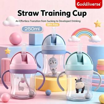 1 pieza Vaso con pajita para niños, Taza de aprendizaje para bebés, Vaso de agua de plástico con diseño anti-atragantamiento, Portátil, Apto para 6 meses+