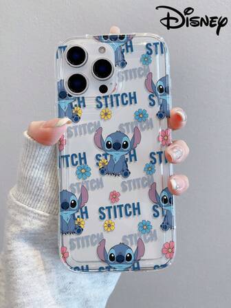  1pc Cartoon Disney Transparent Air Cushion Anti-Fall TPU Material Phone Case, Disney Letter Flower Stitch Pattern, Suitable As Holiday Gift, Compatible With Apple Compatible With IPhone13/14/15/16/17 Pro Max And Phones
