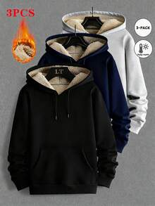 3 pièces Pulls minimalistes de couleur unie pour hommes, pulls doux et chauds pour l'automne et l'hiver, pulls à capuche chauds à manches longues, pantalons longs chauds, vêtements d'hiver pour hommes, convient aux loisirs en famille, cadeaux pour les amis, maris, petits amis, sweat-shirt unisexe - Noir - Voir 1