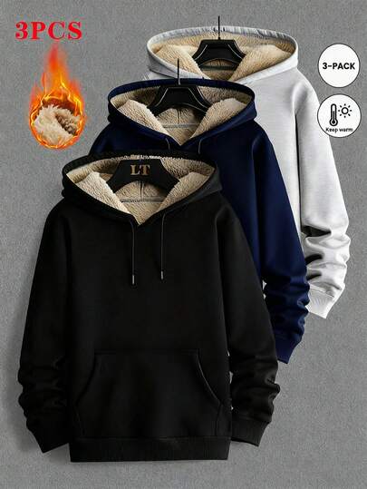 3pcs Men'S Solid Color Minimalist Pullover Warm Pullovers For Autumn And Winter Plush Warm Hoodies, Warm Long Sleeved Long Pants Pullovers, Warm Men, Winter Clothes, Suitable For Family Leisure, Gifts For Friends, Husbands, Boyfriends,Unisex Hoodie