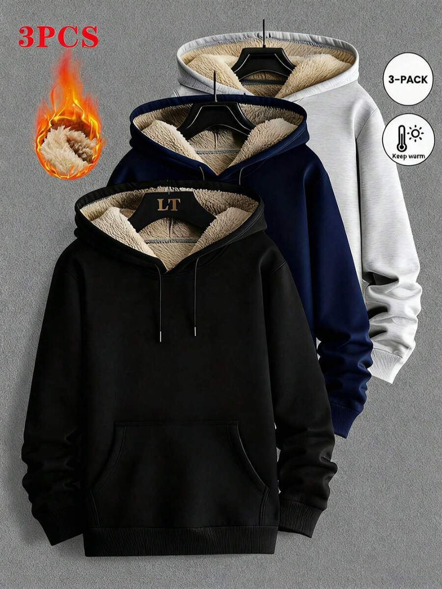3 pièces Pulls minimalistes de couleur unie pour hommes, pulls doux et chauds pour l'automne et l'hiver, pulls à capuche chauds à manches longues, pantalons longs chauds, vêtements d'hiver pour hommes, convient aux loisirs en famille, cadeaux pour les amis, maris, petits amis, sweat-shirt unisexe - Noir - Voir 1