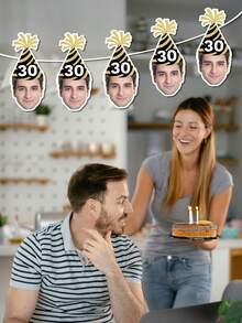 7/14/21 Pc Customized Photos Personalized Age Banner Decorative Ribbon With Gold Crown And Pink Ribbon - Paper Flags Suitable For 18th, 21st, 30th, 40th, 50th, 60th Birthday Celebrations, Anniversaries, Retirement Parties. Room, Garden, High Chair Decorations, Festive Banner Designs, Anniversary Decorations. - Beige - View 5