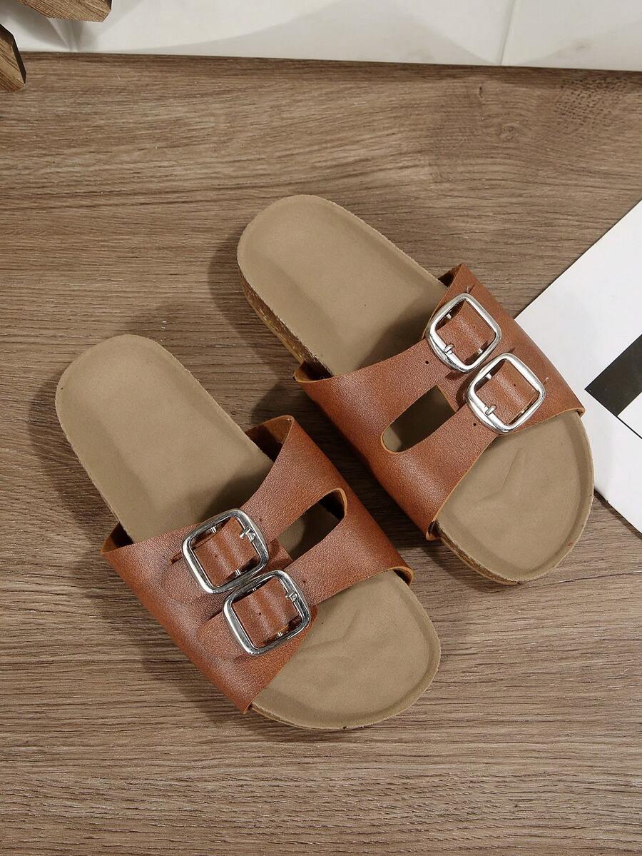 A Pair Of Children's Sandals, 2026 Summer New Style, Fashionable And Versatile, Round-Toed Flat, Anti-Slip, Black, White, Brown, Gold, Orange, Double-Breasted, Beach Outerwear Sandals - Brown - View 1