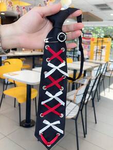 1pc Shiny Polyester Tie For Women, Vintage French Elegant Pearl Lace Tie, Unique Design With Crystal Decor, Suitable For Party, Suit & Bow Tie Matching - Black Background With Red and White Laces - View 2