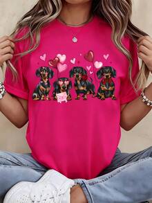 Dachshund Dog Valentine Hearts Balloons Love Cute Animal Print T-Shirt For Women Casual Summer Top White - 粉色 - 查看 1