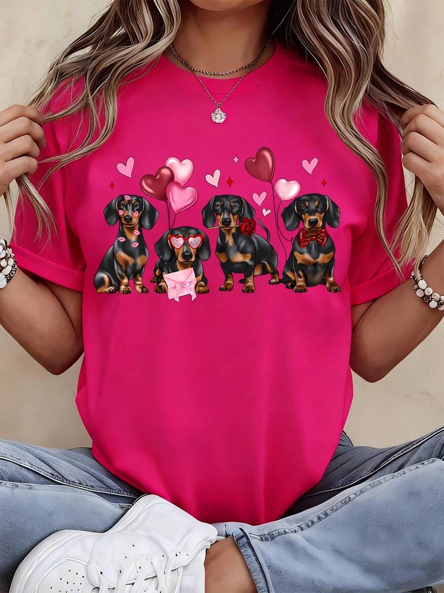 Dachshund Dog Valentine Hearts Balloons Love Cute Animal Print T-Shirt For Women Casual Summer Top White - 粉色 - 查看 1