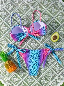 性感印花比基尼，带钢圈，露背设计，优雅休闲，系带后背，适合海滩度假，时尚性感比基尼，带钢圈和提拉功能，夏季必备 - 彩色 - 查看 4