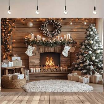 1 Piece Festive Christmas Party Backdrop - White Tree, Garland, Gift Boxes And Cozy Fireplace Scene, Suitable For Home Holiday Decoration And Photography Studio, Polyester Material, Perfect For Creating A Warm Holiday Atmosphere, Christmas Decorations, Multiple Sizes Can Be Chosen